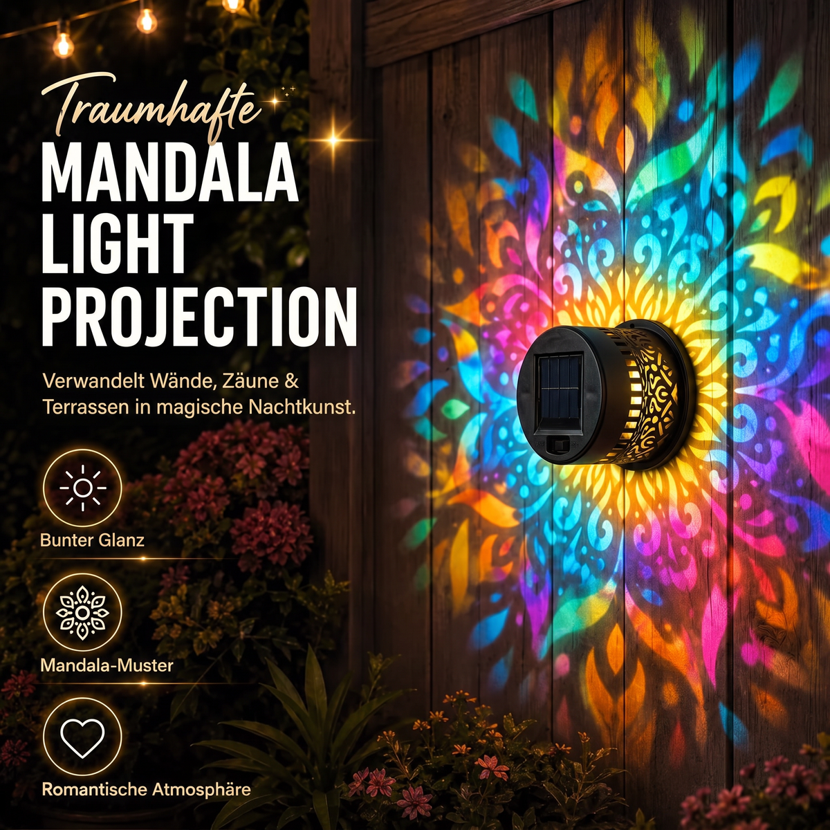 🌀💥 Zeitlich begrenztes Angebot: 1 kaufen, 1 gratis erhalten 🌞💡 WREE® Solar-Mandala-Außenwandleuchte – Projektionslampe für Gartenzaun & Terrasse